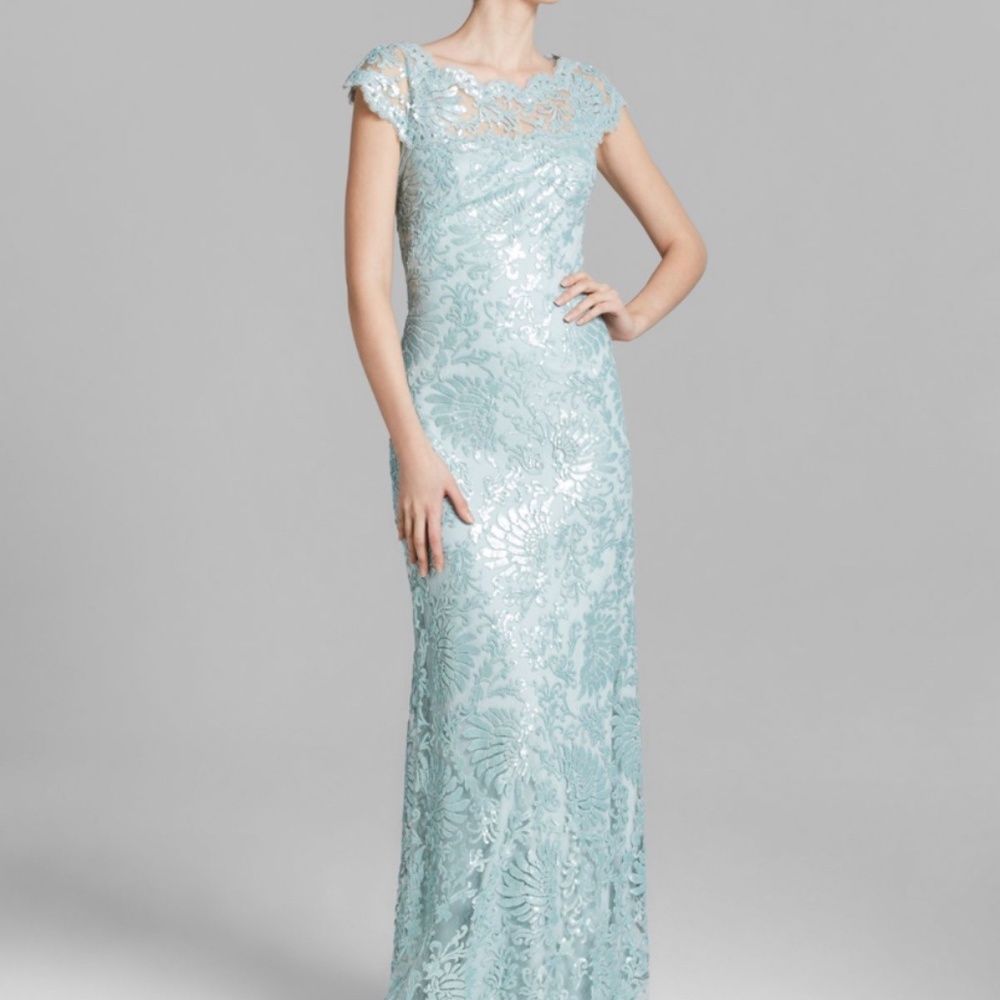 Tadashi Shoji Cap Sleeve Illusion Neckline Sequin Lace Gown